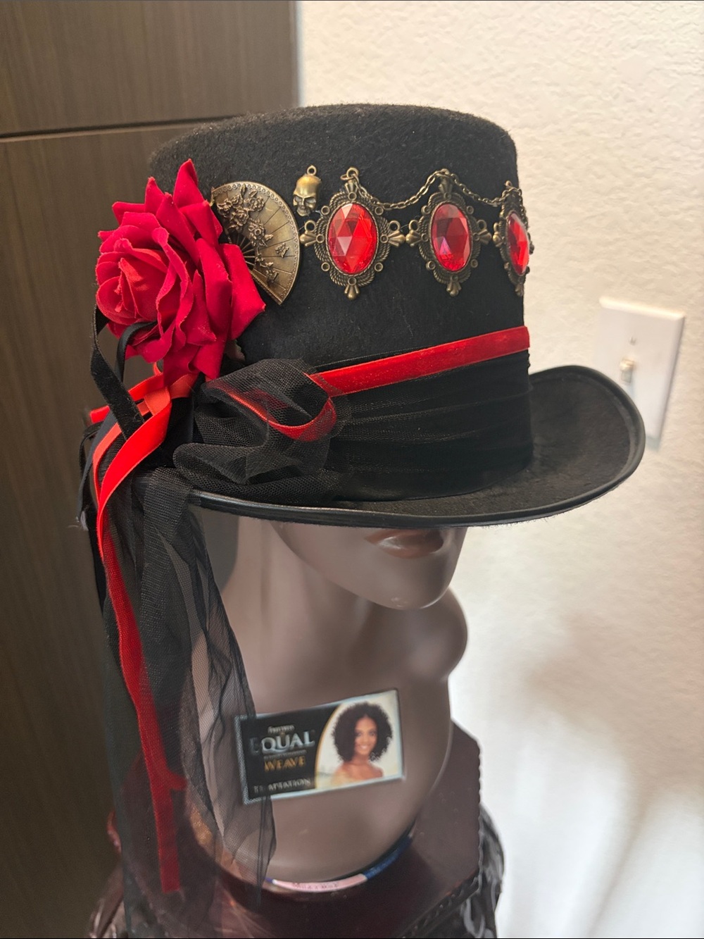 Black Top Hat with Red Gem Accents and Rose
